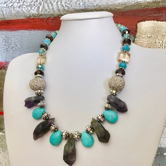 Rough Cut Amethyst Howlite Turquoise Statement Necklace - Picture 7 of 7